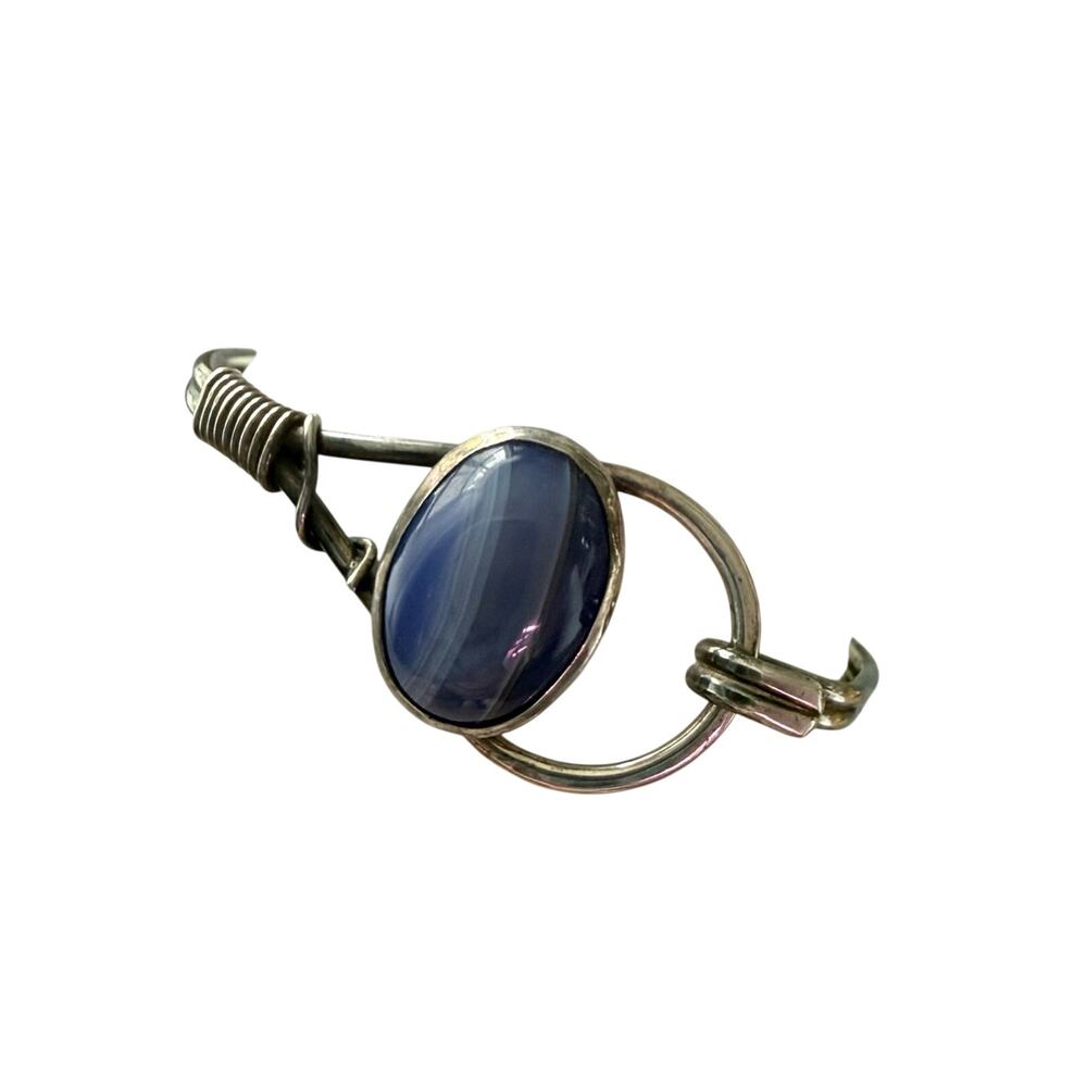 925 Sterling Silver Hook Bangle Bracelet Blue Cat eye Oval Stone